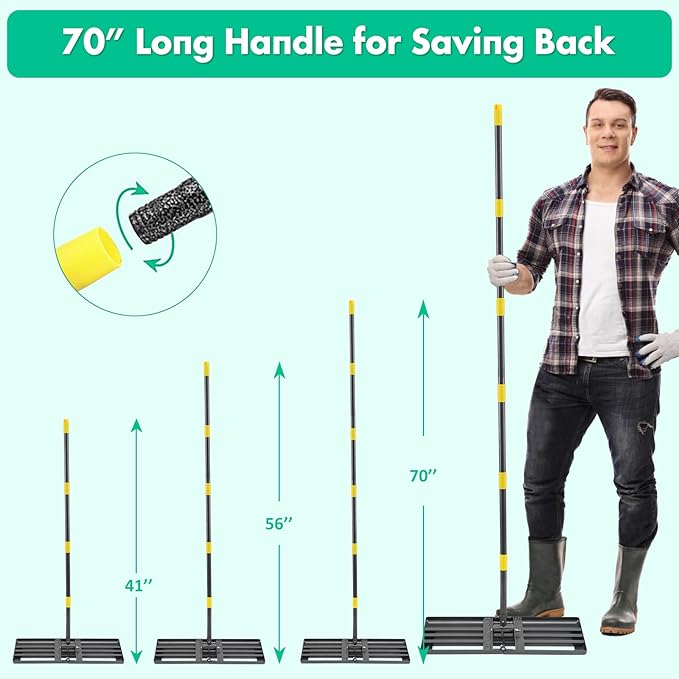 Lawn Leveling Rake, Foldable 26.7"x10" Level Lawn Tool with Curved Edge,Heavy Duty Lawn Level Tool, 6FT Long Handle Lawn Leveler for Yard Garden Golf Course, Soil Sand Dirt Spreading Leveling Rake