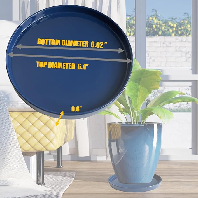 2 Pack Ceramic Plant Saucer Pot Tray 6 Inch, Planter Saucers 4 5 6 7 8 9 10 11 12 13 Inch for Indoors Outdoor, Durable Sturdy Flower Drainage drip Water Tray for Glazed Pots Base (6.4 Inch-Blue)