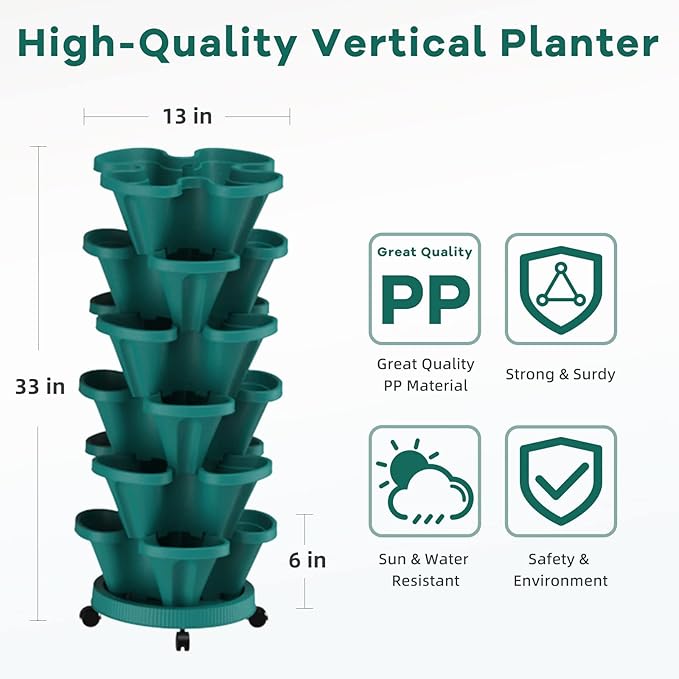 Strawberry Vertical Planters Tower Garden, 6 Tiered Stacking Planter with Support Pole, Stackable Herb Vegetable Planters Indoor and Outdoor