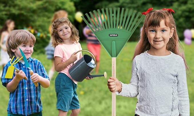 Superio Kids Rake with Hardwood Handle, Gardening and Lawn Care Tools for Kids, Sweep Leaves and Tidying Up The Garden, Plastic Tines and Heavy Duty Wooden Handle 34"