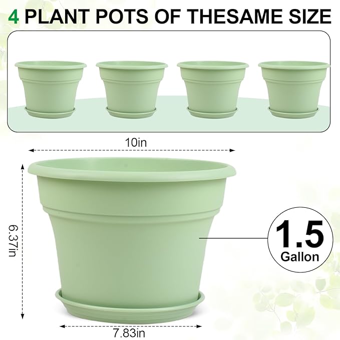 10 Inch Plastic-Flower-Pot-for-Indoor-Plants, 4 Pack Large Outdoor Planter Pot with Drainage Holes & Saucers, Resin Decorative Garden Pots Planters