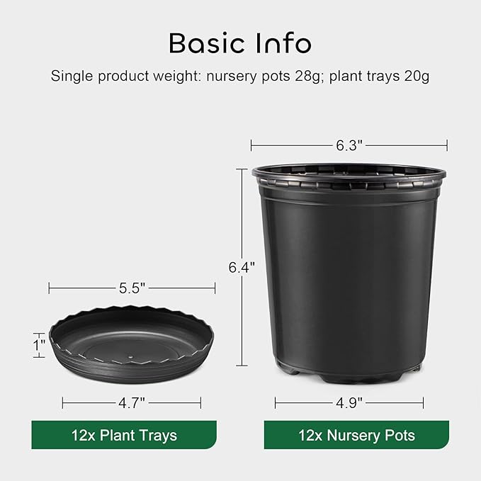 GROWNEER 12 Set 6‘’ 1 Gallon Nursery Pot for Plants Flexible Flower Pots with Drainage Hole and Saucer, Plant Container for Indoor Outdoor, Seedlings, Vegetables, Succulents, Cuttings(Black)