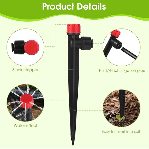 30 Pcs Drip Irrigation Emitters with Stake - Adjustable Drip Emitter Stream for 1/4" Drip Line Irrigation Tubing - Drip Irrigation System Parts Drippers Sprinkler Heads for Garden Watering System -Red