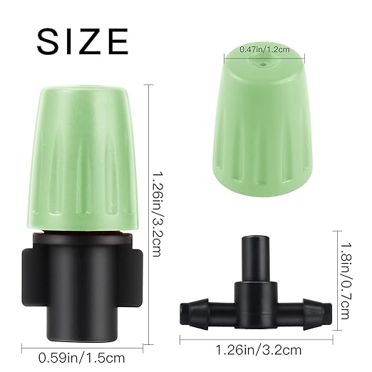 MSDADA 100pcs Micro Spray Adjustable Flow Irrigation Drippers, Garden Adjustable Sprinkler drip Irrigation Mister Heads with 3 Tee Irrigation Misting Drip Kit(Green)