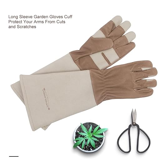 HLDD HANDLANDY Gardening Gloves for Women & Men, Leather Long Sleeve Rose Pruning Gloves, Thorn Proof Garden Work Gauntlet Animal Handling Gloves (Large, Light Brown)