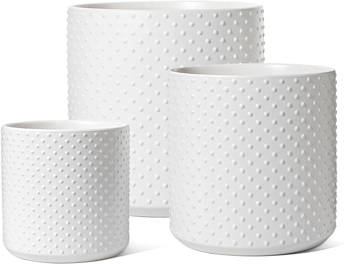 LE TAUCI 6+8+10 Inch Plant Pots Indoor, Ceramic Planter Pots for Plants, Raised Dots Flower Pots Indoor for Home and Office, Mid-Modern Century Pots Indoor with Drainage Hole and Silicone Plug, White