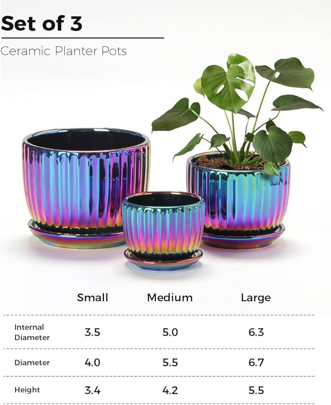 Ton Sin Flower Pots, Purple Ceramic Plant Pots Set of 3,Small Glazed Succulent Pots with Drainage Hole,Cactus Planter with Saucer,Outdoor Garden Pots (Colorful Gold)