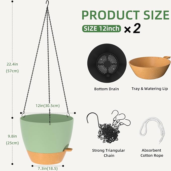 ZMTECH 12 Inch Hanging Planters for Indoor Outdoor Plants, 2 Pack Self Watering Hanging Plant Pots with Drainage Hole, Visual Reservoir, Plastic Flower Hanging Pots with Watering Lip (Green)