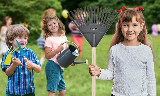 Superio Kids Rake with Hardwood Handle, Durable Plastic Head to Sweep Leaves in Lawn and Tidying Up The Garden, 34" (Kid Size, Grey, 1-Pack)