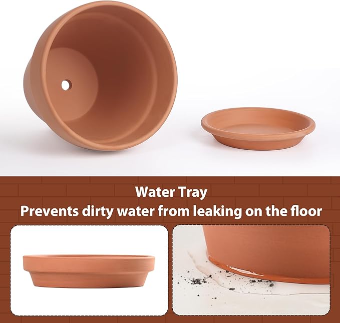 INGOFIN Terracotta Pot with Saucer - 12 Inch Ceramic Clay Pot for Plants with Drainage Hole, Terra Cotta Pot with Tray for Indoor Outdoor Plants