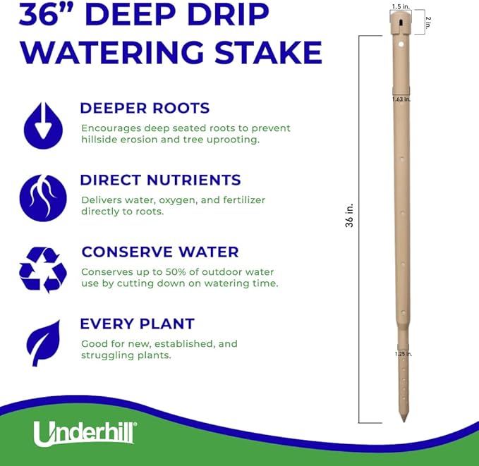 Underhill Deep Drip Irrigation Stakes 36-Inch, Case of 25 Watering Spikes for Palm Trees and Deep Rooted Trees, Drip System Parts Tubes, A-DD36-25