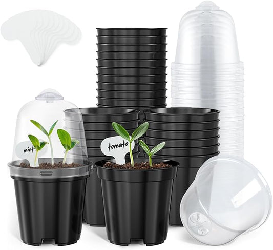 homenote Nursery Pots for Plants,3 Inch Plant Pot for Planting with Humidity Domes Plastic Seedling with Drainage Holes Seed Starter Flower with 10 Labels Black (30 Pack)