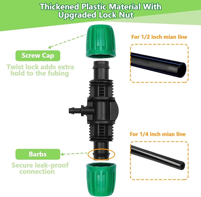 12 Pack 1/2 Inch To 1/4 Inch Drip Irrigation Fittings (1/2" ID x 0.65" OD), Drip Line Irrigation Locked Barbed 1/2" To 1/4" Adapter Anti Leak Irrigation System 1/2 Inch To 1/4 Inch Reducer Tee