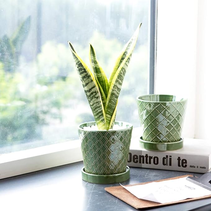 Plant Pots Indoor –5 inch Ceramic Flower Pot with Drainage Hole and Ceramic Tray - Gardening Home Desktop Office Windowsill Decoration Gift, Set of 4-Plants NOT Included (Patina)
