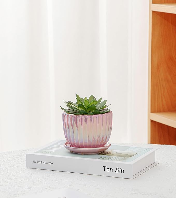 Ton Sin Pink Gold Ceramic Flower Pots, 4"+5"+6" Inch Small Glazed Succulent Planters with Drainage Hole,Modern Indoor Decorative Plant Pots Set of 3,Garden Pots with Saucer