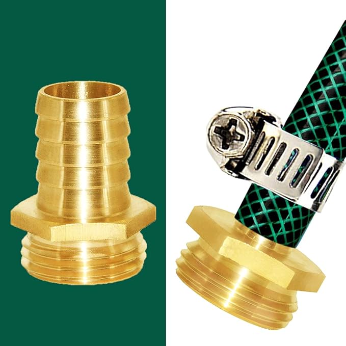 Joywayus 5/8" Barb x 3/4" Male GHT Thread Hex Brass Garden Water Hose Pipe Connector Copper Fitting with Stainless Clamp House/Boat/Lawn/Power Wash/Irrigation