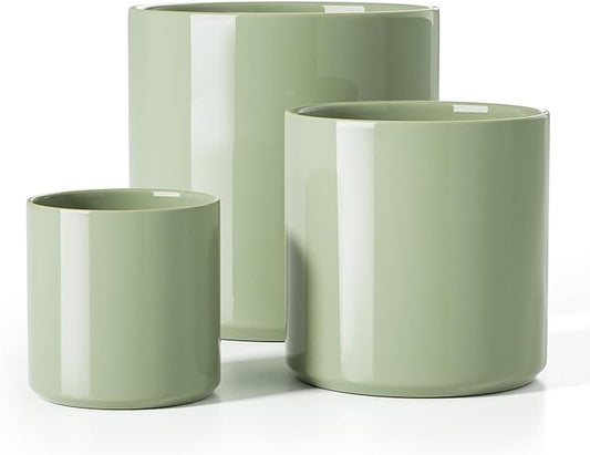 LE TAUCI Large Plant Pots Set, 10/8/6 Inch Ceramic Planters for Indoor Plants, Mid-Century Modern Flower Planter Pots with Drainage Hole and Plug, Round Planter, Set of 3, Reactive Glaze Olive Green