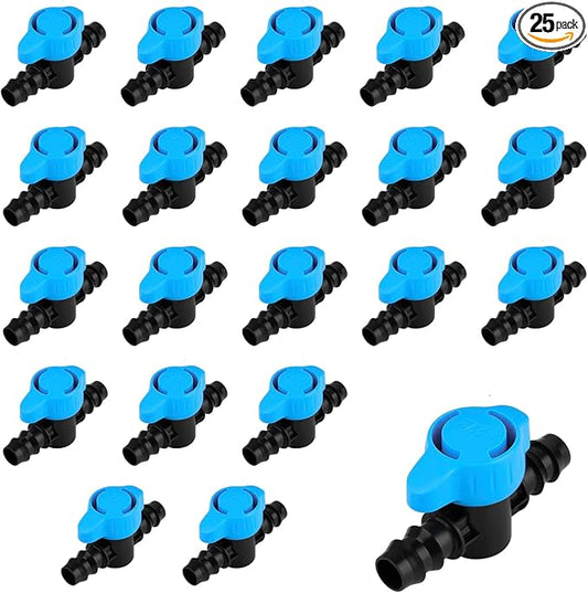 Pro Grade 16mm Drip Irrigation 1/2 inch Barbed Valve, Drip Line Parts 1/2" Shut Off Valve Fits for 1/2 Inch Drip Irrigation Tubing (.570-.620" ID) for Drip or Sprinkler Systems (25)