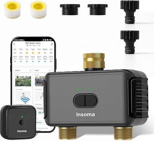 Smart Water Hose Timer Sprinkler Timer with 2 Outlet, Automatic Irrigation System Controller for Lawns and Yard, Compatible with Alexa Dark Gray-Brass Inlet & Brass Outlet (2-Outlet)