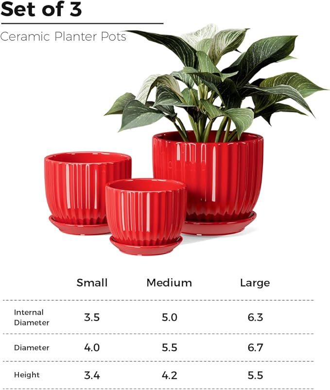 Ton Sin Ceramic Plant Pots - 4/5/6 Inch Red Planters Set of 3 with Drainage Holes and Saucer - Indoor Flower Pots for Plants Ceramic Planters for Indoor Gardening Succulent Pots
