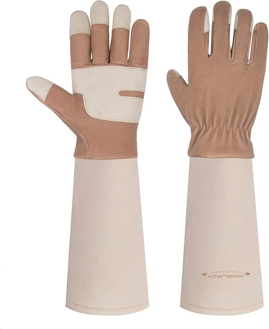 HANDLANDY Long Gardening Gloves for Men & Women, Thorn Proof Rose Pruning Gloves Leather Gauntlets Garden Gloves Yard Work Gloves (Small, Brown)