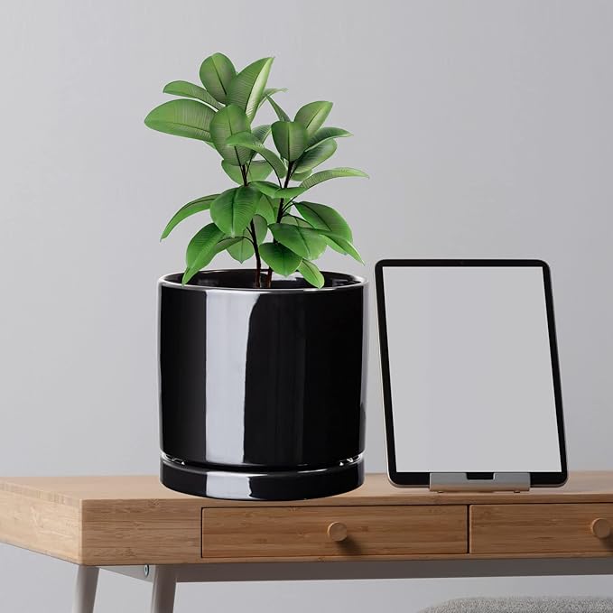 Aveyas 6 inch Ceramic Plant Pot with Drainage Hole and Saucer - Suitable for Indoor and Outdoor Use, Modern Planters for House Garden Orchid Flower Snake Monstera Plants (6", Glossy Black)