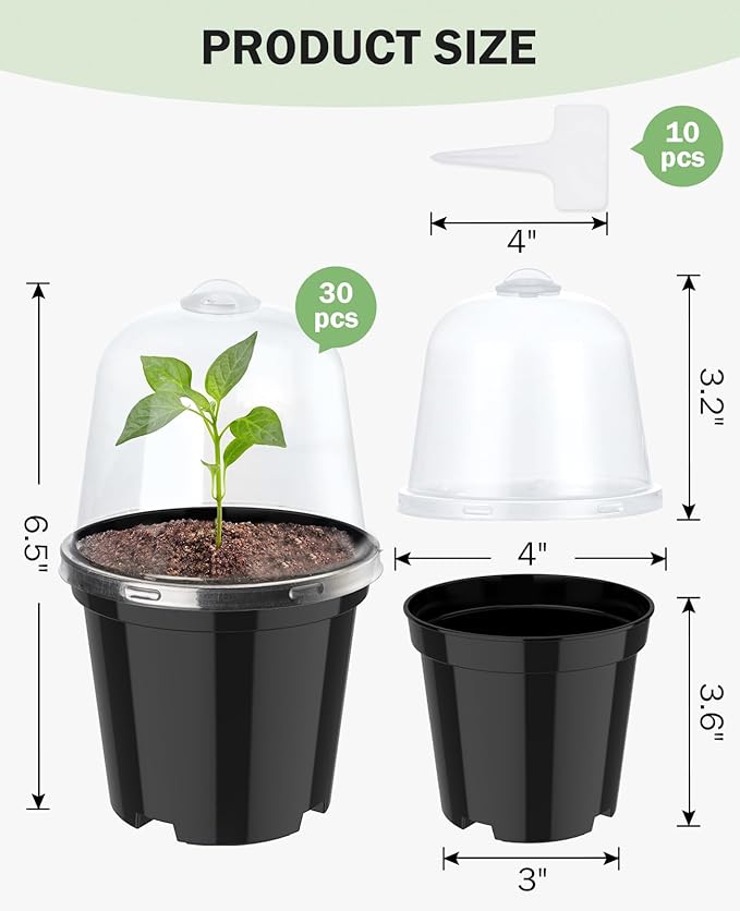 homenote Nursery Pots for Plants,4 Inch Plant Pot for Planting with Humidity Domes Plastic Seedling with Drainage Holes Seed Starter Flower with 10 Labels Black (30 Pack)