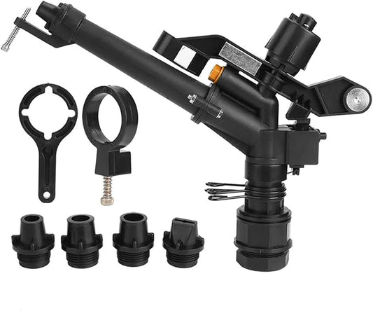Rocking Arm Sprinkler, 1.5in to 1in DN25 Female Thread Adjustable 360 Degree Rotating Rocking Arm Impact Mini Sprinkler with Nozzle Set