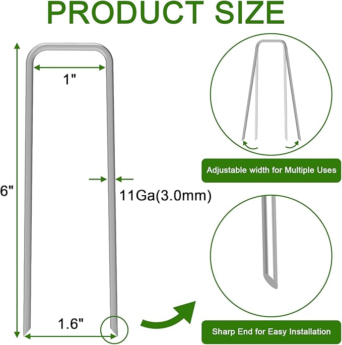 AAGUT Garden Stakes Pins, Landscape Staples 250 Pack 6 Inch 11-Gauge Galvanized Lawn Stake for Dog Fence, Weed Barrier Fabric, Ground Cover, Irrigation Tubing Soaker Hose, Chicken Wire