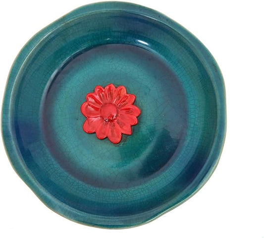 Topadorn Birdbath Ceramic Bowl Decor for Bee Bird Bath Outdoor Garden Vintage Yard,Blue with Red Flower