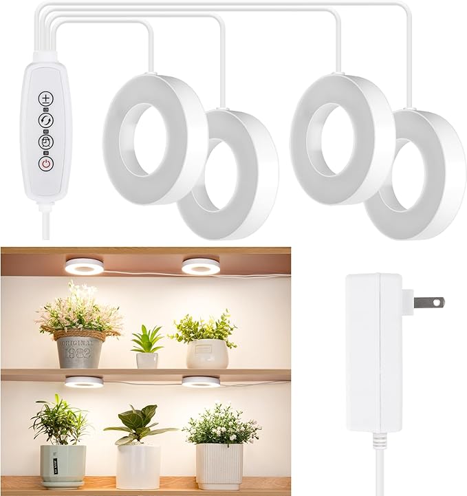 LORDEM Ceiling Grow Light for Indoor Plants, 192 LEDs Full Spectrum LED Plant Light, Plant Lamp with 3/6/12H Auto Switch, 4 Brightness Levels, Individual Bulb Control, Quad Head, Corded