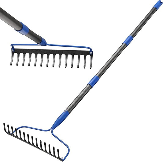 Garden Rake, 72 inch Heavy Duty Rakes for Lawns, Metal Bow Rake with 14 Tine High Carbon Steel Tines for Gardening, Loosening Soil, Flatting Mulch, Leveling Rock, Anti-Rust Landscaping Tools
