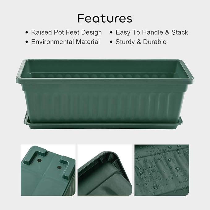 GROWNEER 6 Packs 17 Inches Green Flower Window Box Plastic Vegetable Planters Long Pots with 15 Pcs Plant Labels for Outdoor Indoor Windowsill Patio Garden Home Decor Porch