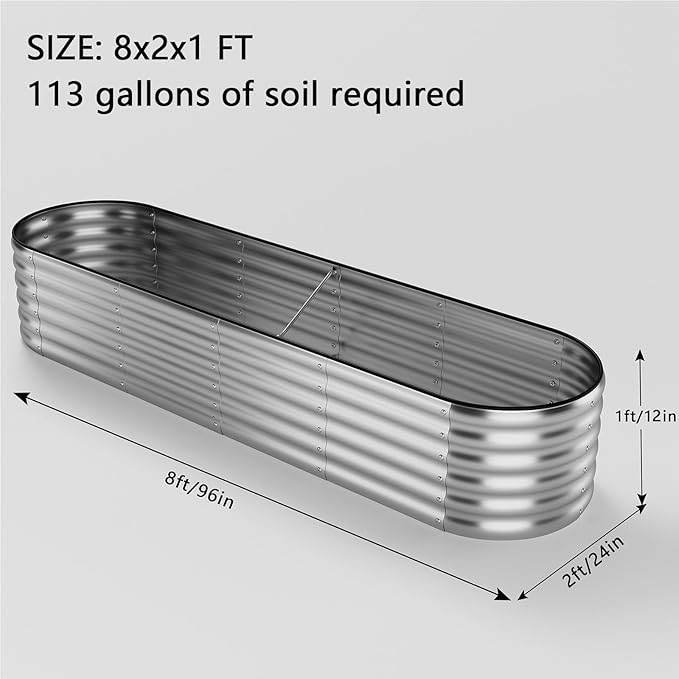 Large Raised Garden Bed Galvanized Metal Round Raised Garden Bed Outdoor for Gardening Raised Garden Bed Kit，8x2x1FT for Vegetables Flowers Ground Planter Box