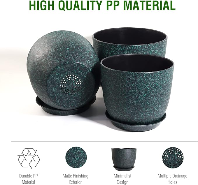 WOUSIWER Plant Pots 10/9/8 inch, Set of 3 Modern Decorative Plastic Planters with Drainage Holes and Saucers for House Plants Indoor Flowers Plants, Black with Green Speckles