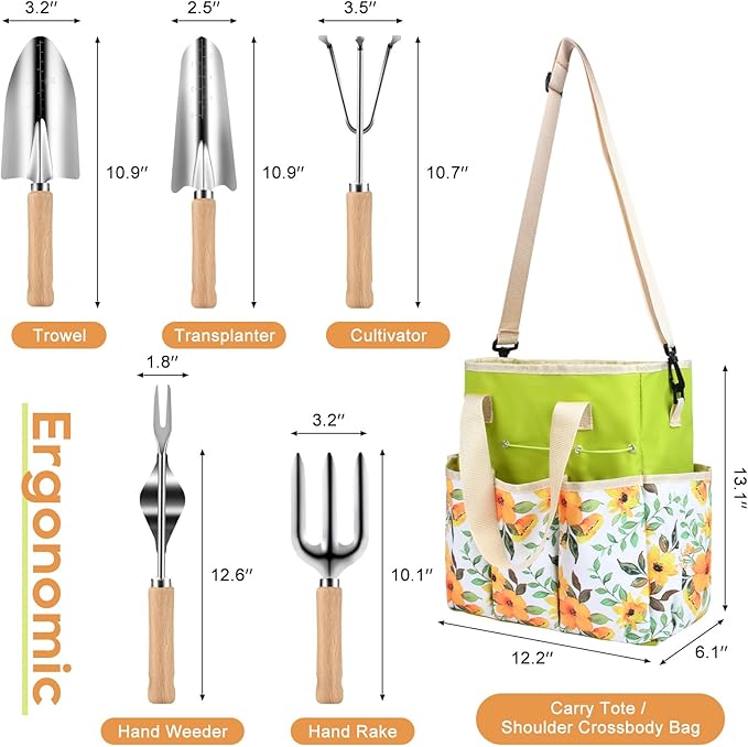 Garden Tools Set, Heavy Duty Gardening Hand Tools with Shoulder Crossbody Garden Tote Bag, Rust-Proof Garden Tools with Wood Handle, Ideal Gardening Gifts for Women Men