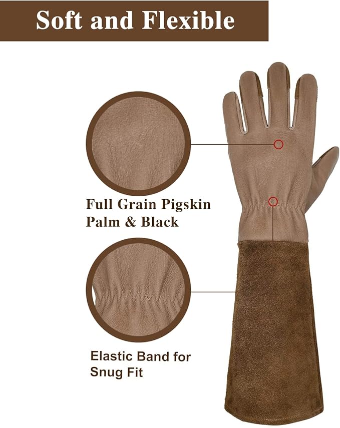 HANDLANDY Long Gardening Gloves for Men & Women, Cowhide Leather Rose Pruning Gloves- Breathable & Durable Gauntlet Gloves (Large, Brown)