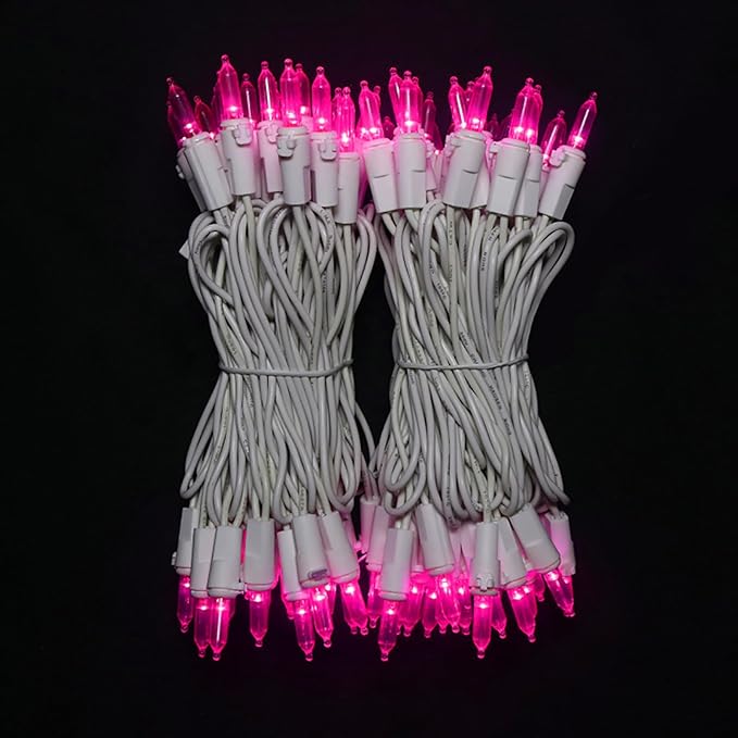 Pink Christmas LED Lights - 2 Pack 100 Count Pink Christmas String Lights for Tree, Bedroom, Wedding, Indoor/Outdoor Valentines Day Decorations, 2 Sets 33 Feet White Wire, UL Certified, Connectable