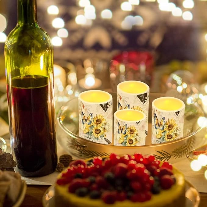 Flameless Candles Battery Powered LED Candles with Remote Timer Color Changing Control Long Lasting for Indoor Outdoor Home Table Decoration Set of 4, Butterfly Sunflower Retro