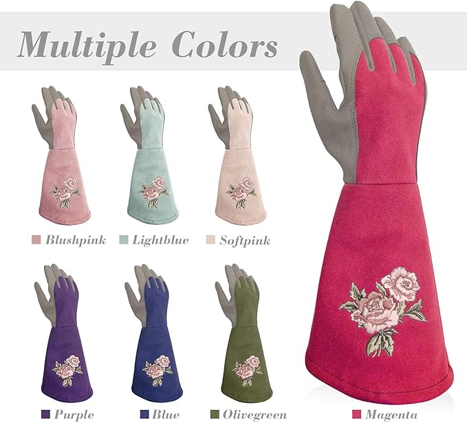 Rose Pruning Gloves Thorn Proof, Embroidery Leather Gardening Gloves with Extra Long Forearm Protection