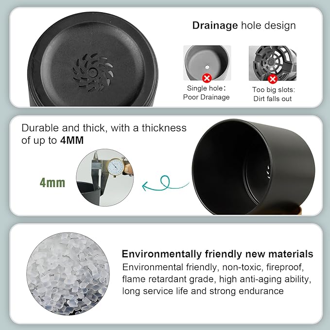 5 Pack Cylindrical Flower Pots with 7/6.5/6/5/4 inch, Modern Small Plastic Plant Pots with Drainage Holes & Saucers, Round Planter Pots for Outdoor, Indoor & Office Decor (Black Brown)