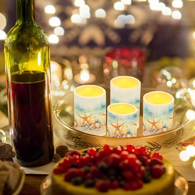 Flameless Candles Battery Powered LED Candles with Remote Timer Color Changing Control Long Lasting for Indoor Outdoor Home Coastal Decoration Pack of 4, Starfish Seashell Painting