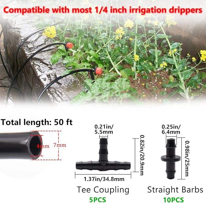 50FT 1/4" Blank Distribution Tubing Drip Irrigation Tubing Drip Irrigation Hose, Garden Watering Tube Line with 15PCS Drip Irrigation Barbed Connectors for Garden Irrigation System