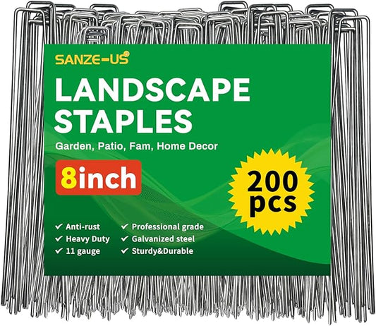 200 Pack Landscape Staples 8 Inches 10 Gauge Galvanized Garden Stakes Plant, for Securing Weed Fabric Barrier, Garden Hose Stake, Artificial Turf Stakes