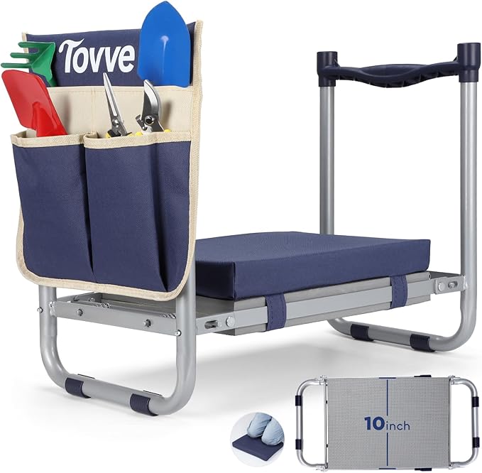 Foldable Garden Kneeler and Seat, Heavy Duty Garden Stool with 10" Wide Detachable Kneeling Pad, Portable Garden Bench Chair with Large Garden Tool Bag, Gardening Gifts for Women, Seniors