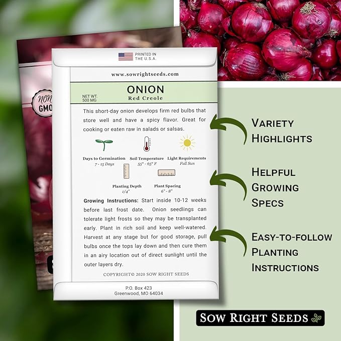 Sow Right Seeds - Red Creole Onion Seeds for Planting - Non-GMO Heirloom Packet with Instructions to Plant a Home Vegetable Garden - Grow Classic Purple Onions, Essential for Cooking (4)