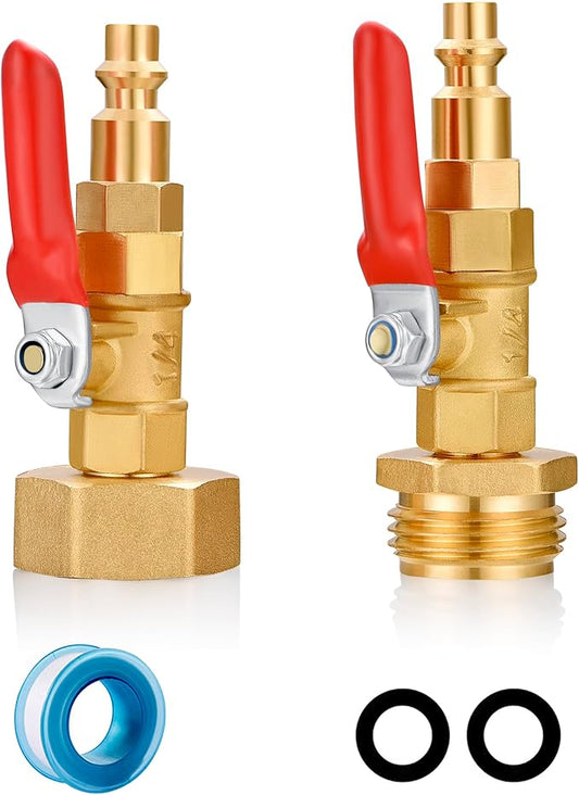 RV Winterize Blowout Adapter with 1/4" Quick Connect Plug and 3/4" Garden Water Hose Threading with Valve for Boat Camper Trailer Sprinkler Systems Irrigation Kit Fitting (2 Pack）