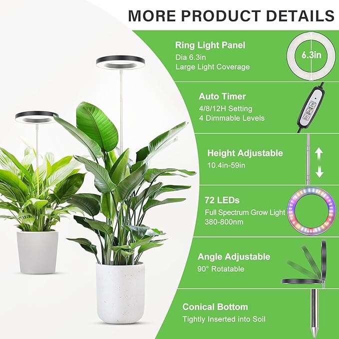 LBW Plant Grow Light, 72 LEDs Full Spectrum Grow Lamp for Indoor Plants, Brightness Adjustable Plant Light with Auto 4/8/12H Timer, 10.4”-59” Height Adjustable, Ideal for Large Tall Plants, Black