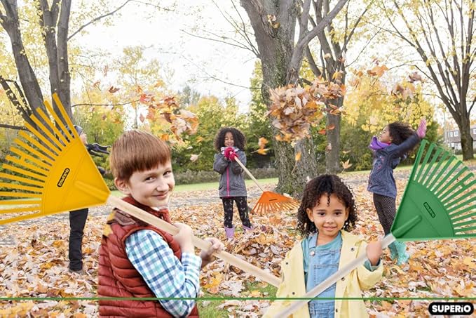 Superio Kids Rake with Hardwood Handle, Durable Plastic Head to Sweep Leaves in Lawn and Tidying Up The Garden, 34" (Kid Size, Yellow, 1-Pack)