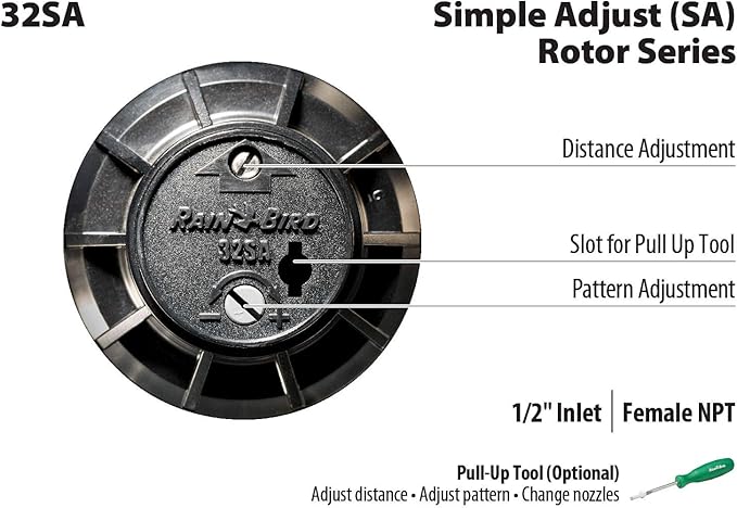 Rain Bird 32SA Simple Adjust Gear Drive Rotor, 40° - 360° Pattern, 19' - 32' Spray Distance